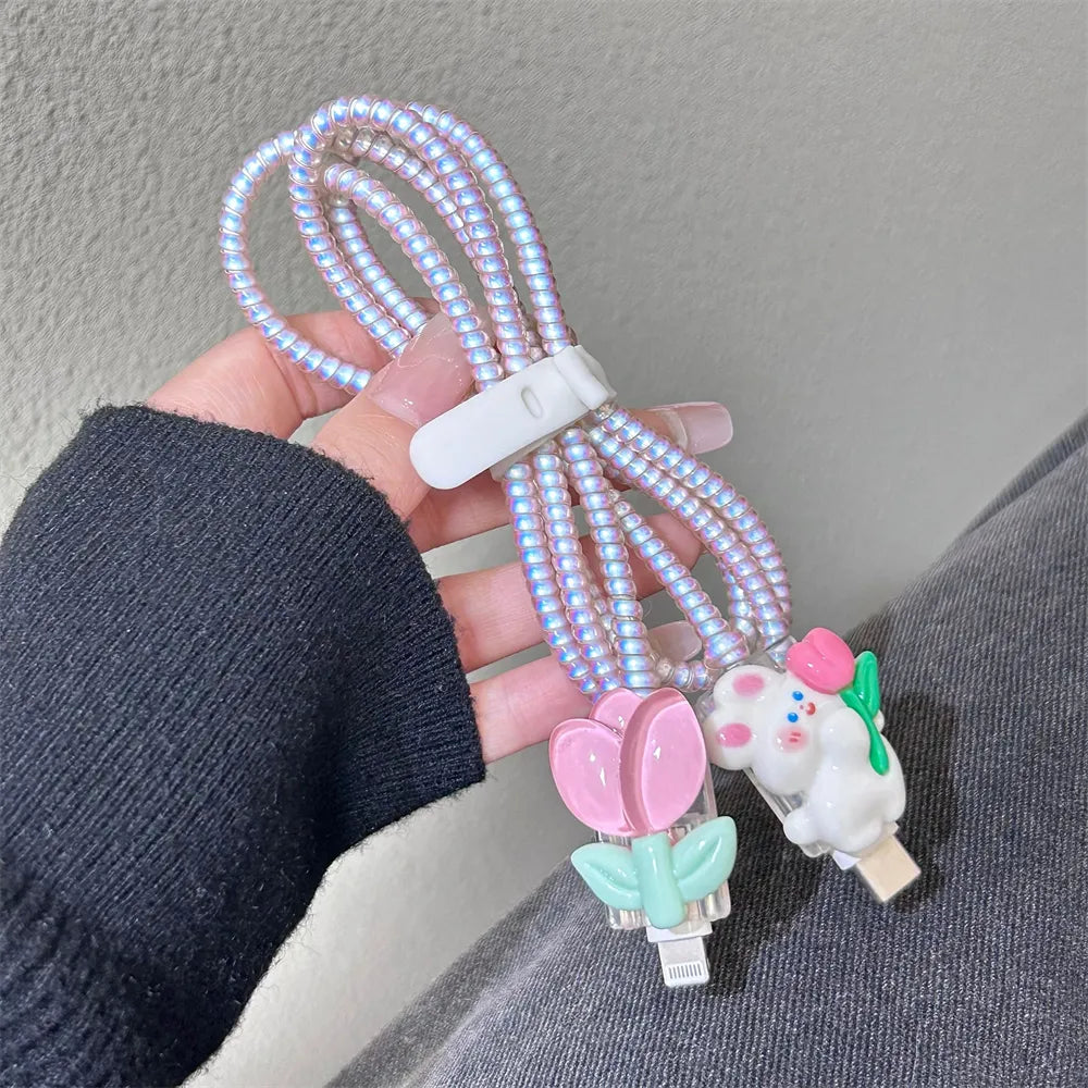 Cute Cartoon 3D Flower Dack Rabbit USB Cable Protector Bites Data Link Cable Box Covers iPhone Android Type C Charging Cover