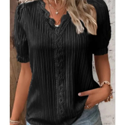 2023 Women Shirt Summer Hollow Lace Patchwork Chic Elegant Blouse V Neck Short Sleeve Shirt Plain Lace Casual Basic Regular Tops