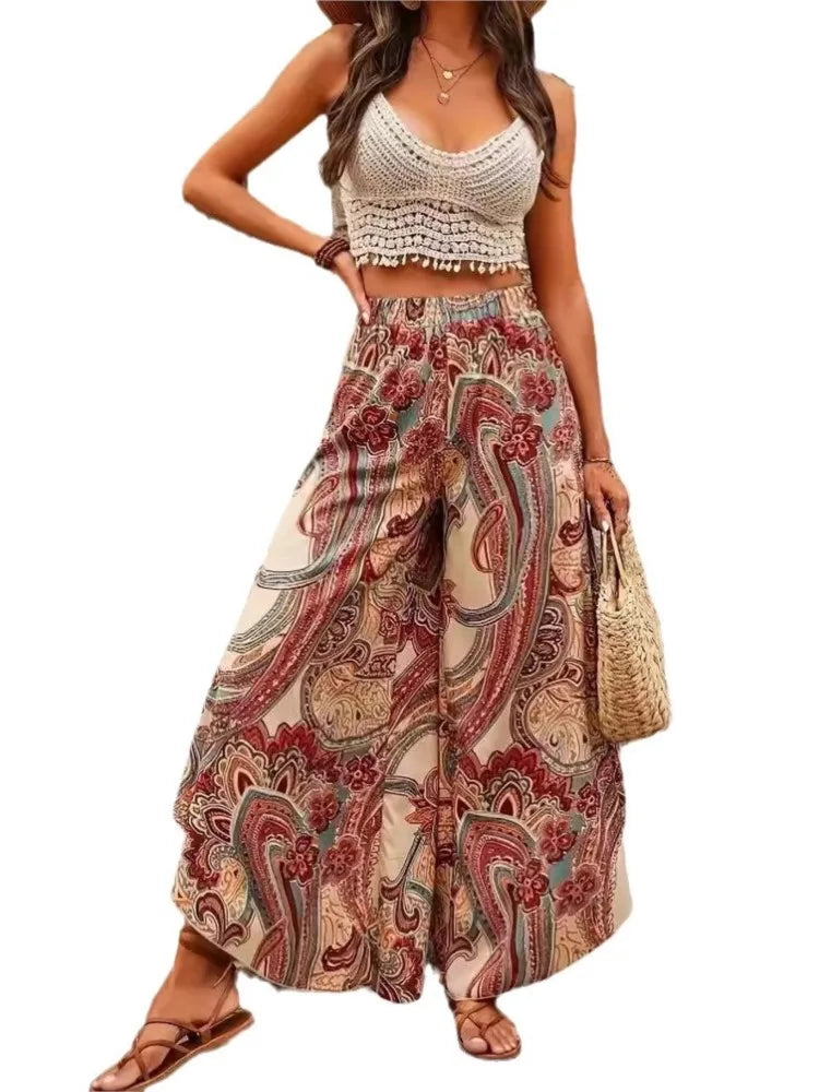 Plus Size Summer Bohemian Style Print Long Wide Leg Pant Women Irregular Ruffle Pleated Loose Ladies Trousers Fashion Woman Pant