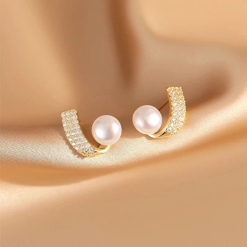 Vintage Shiny Crystal Pearl Earrings For Women Golden Handmade Twist Korean Fashion Jewelry 2023 Trendy Cubic Zirconia Earring