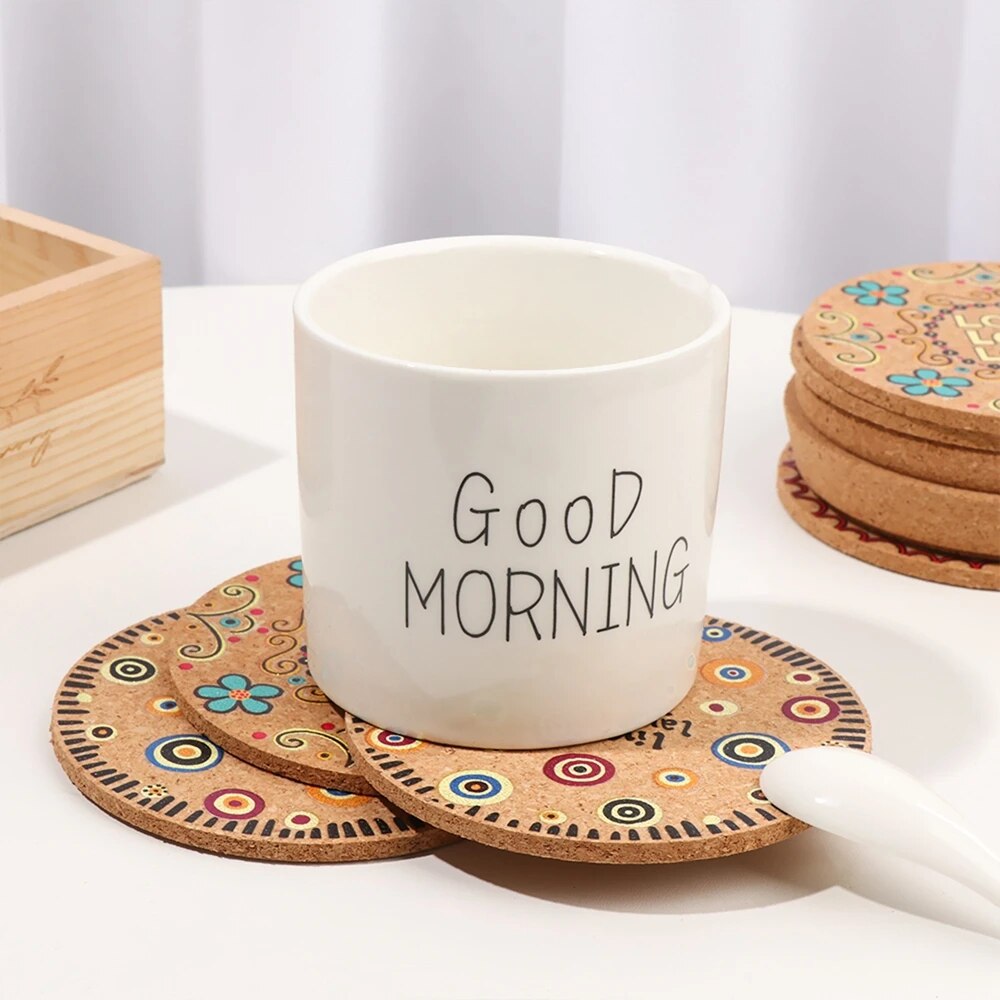 4pcs/set Printed Cork Coaster Round Cup Mat Tea Coffee Mug Drinks Holder Natural Wooden Table Mat Kitchen Tableware Placemat