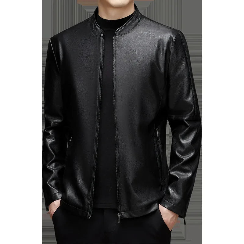 2024 New Men's Faux Leather Jacket Slim Fit Casual Simple Stand Collar Autumn/winter Thin Version Smooths Your Silhouette