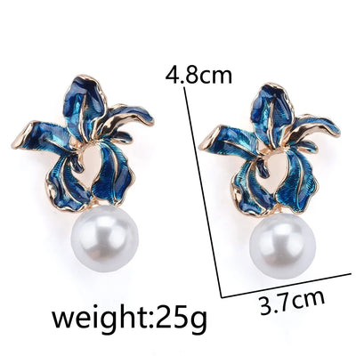 2024 New Fashion Blue Enamel Drip Oil Flower Shape Earrings Women Cute Faux Pearl Ball Dangle Earrings Indian Statement Jewelry