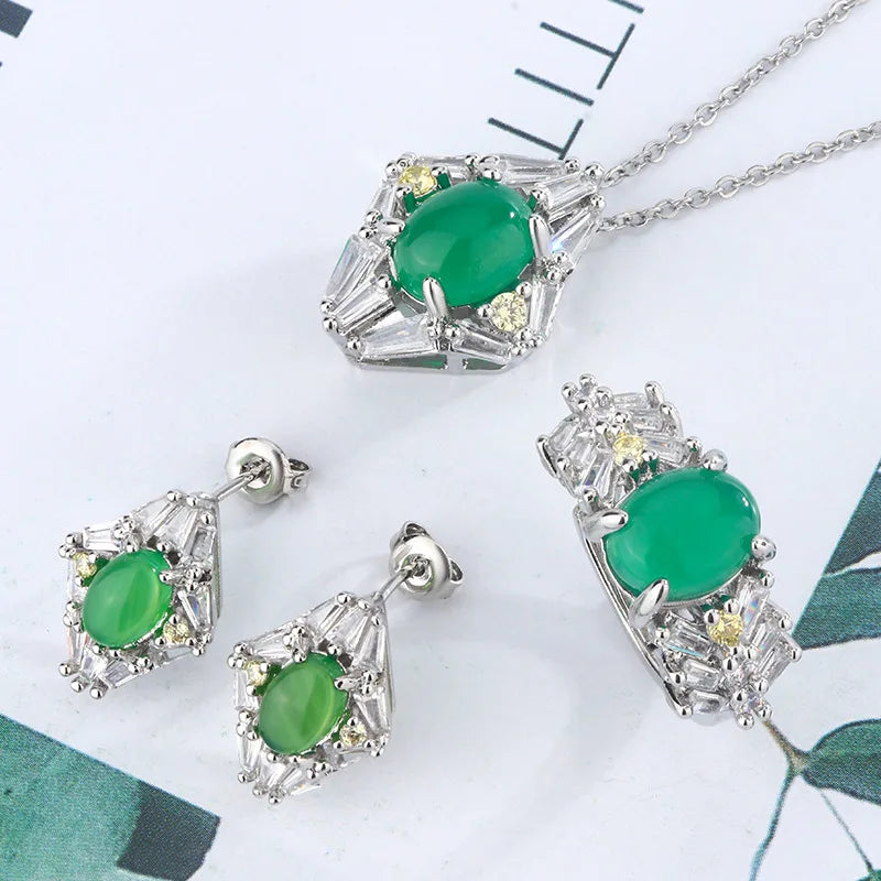 925 Silver Set Ice Seed Set With Green Egg Emerald Jade Stud Earrings Necklace Ring Women's 3PCS Wedding Party Jewelry