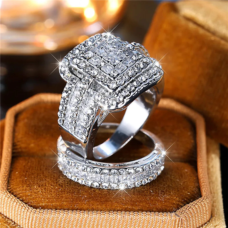 Luxury Female White Zircon Stone Ring Set Trendy Silver Color Engagement Cute Bride Wedding Jewelry Gift For Women