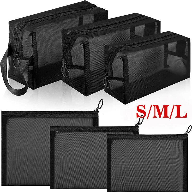 3Pcs Black Makeup Bags Small Medium Large Mesh Transparent Cosmetic Bag Organizer Cosmetics Storage Pencil Cases Neceser Pouch