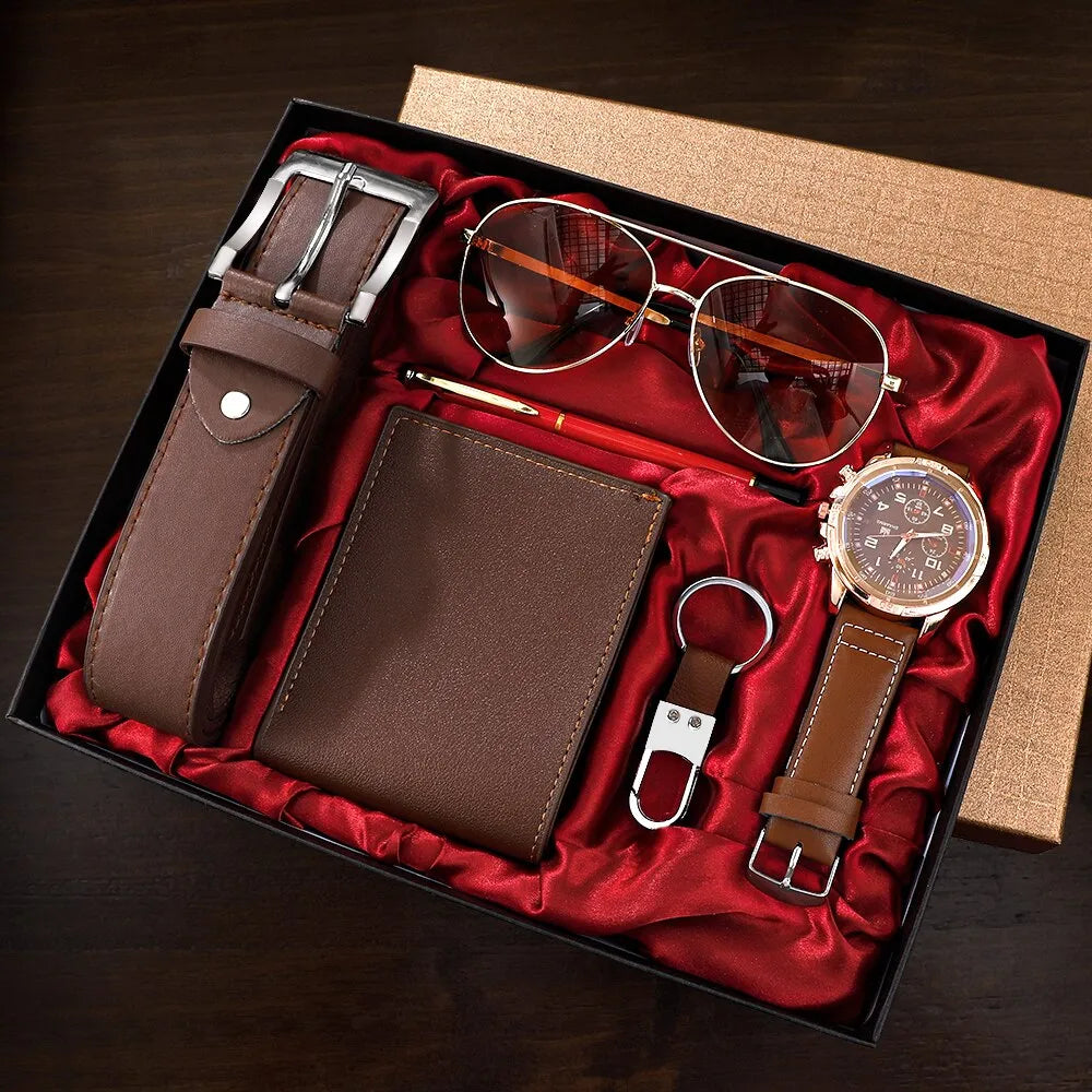 Men Gift Watch Business Luxury Company Mens Set 6 in 1 Watch Glasses Pen Keychain Belt Purse Welcome Holiday Birthday