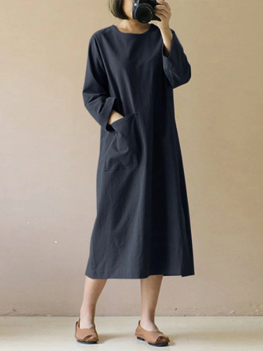 Women Dresses One Piece Set Cotton Linen Frock Thin Long Sleeved Medium Length Straight Tube Dress Loose Casual Outfits 2024