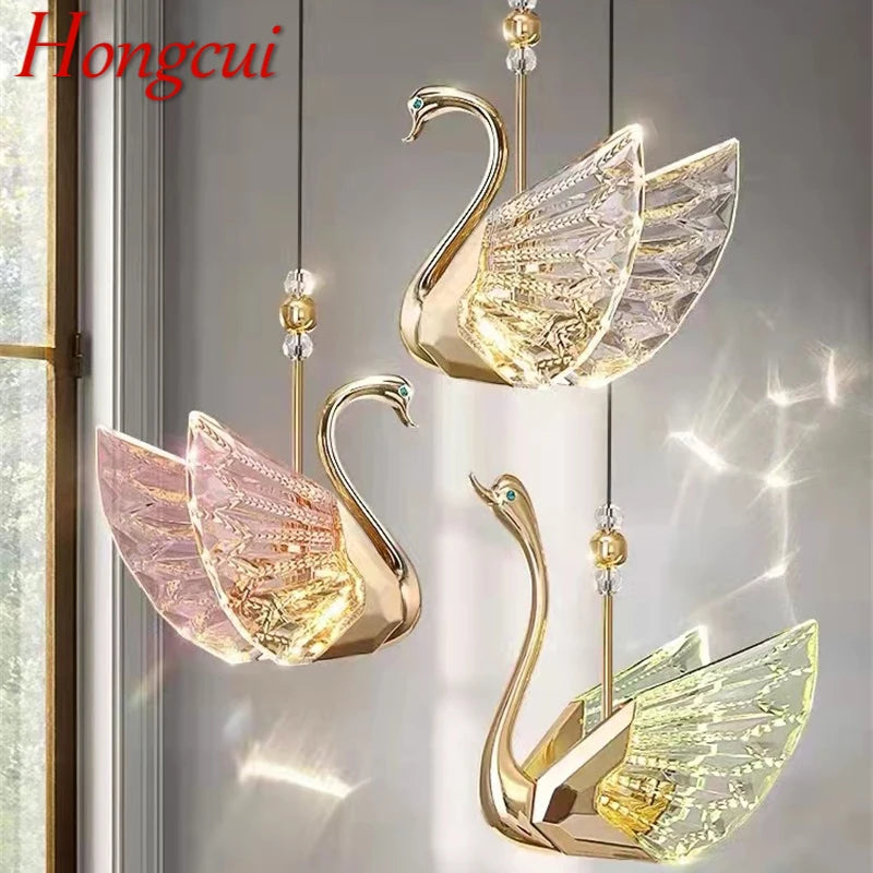 Hongcui Nordic Pendant Lamp Creative Gold LED Linear Swan Chandelier Light for Decor Home Dining Room Bedroom Fixtures