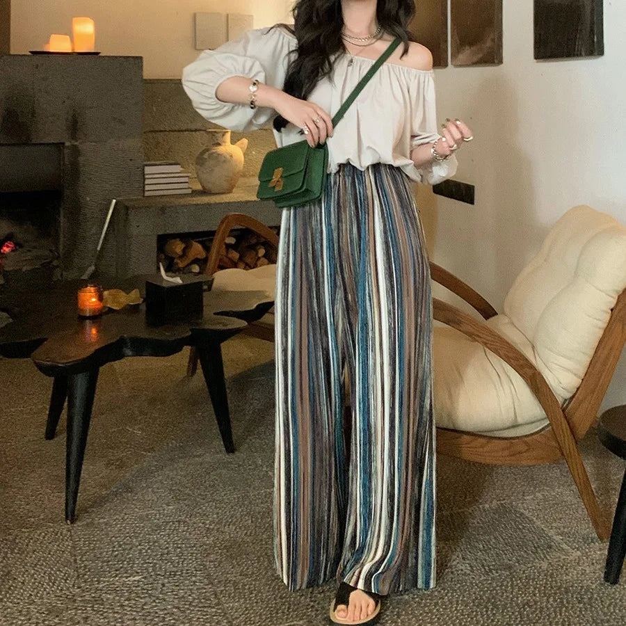 Women's Pants Retro Niche Casual Fashion Striped Wide Leg Trousers 2024 Autumn Winter New Hanging Straight Leg Floor Britches