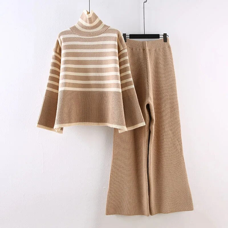 Women Set 2023 New Loose Turtleneck Knitted Pullover + High Waist Knitted Wide-leg Pants Two-piece Set