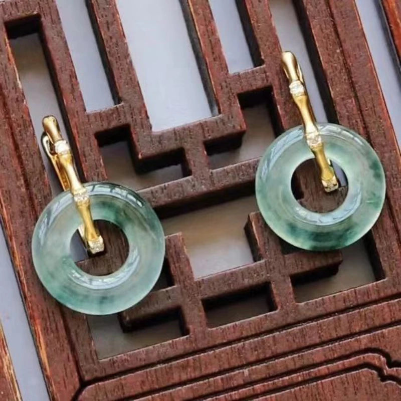 New silver inlaid natural chrysoprase ice seed exquisite bamboo knots round earrings for women Chinese style ear buckle jewelry