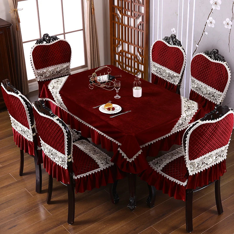 Luxury European Light Chair Cushion Cover Tablecloth Dining Chair Cushion Table Cover Home Spandex Chair Cover Jacquard Red 1pcs