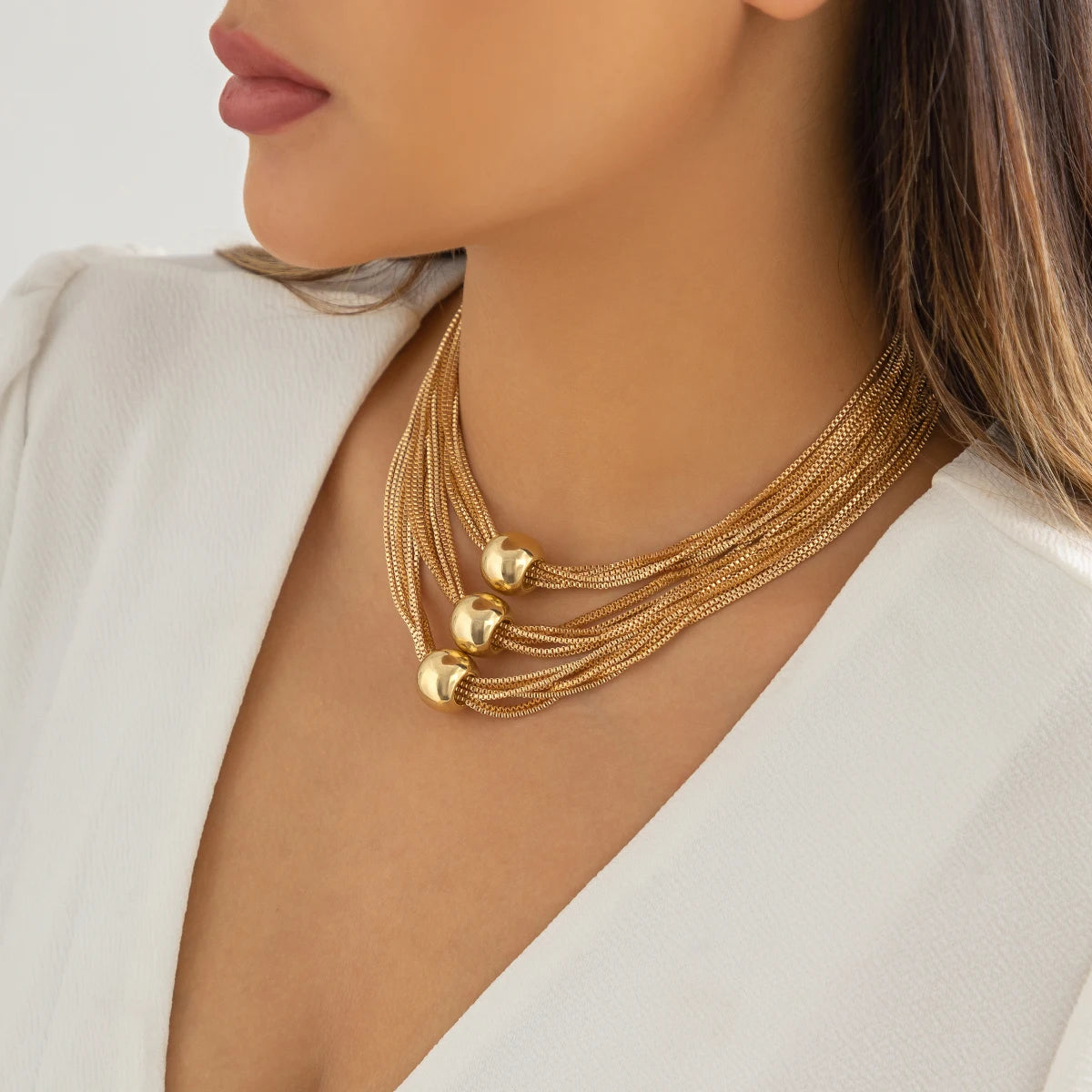 IngeSight.Z Multi Layered Exaggerated CCB Material Big Ball Choker Necklace For Women Vintage Gold Color Chunky Clavicle Chain