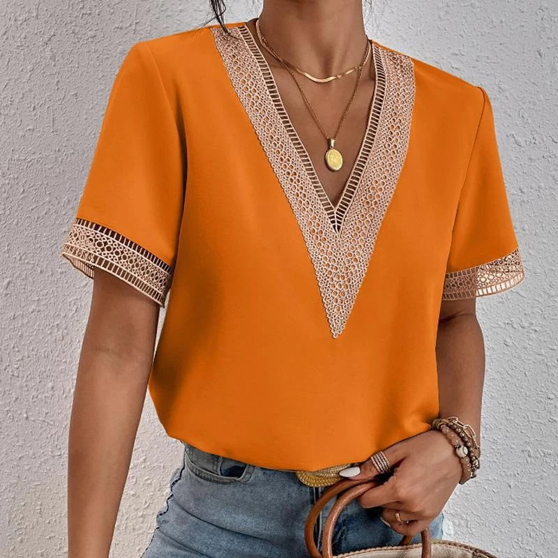 Blouse Vintage Women Lace Top V-Neck Chiffon Casual Tee Loose Female Clothing Elegant Chic Office Ladies T-shirt Fashion Summer