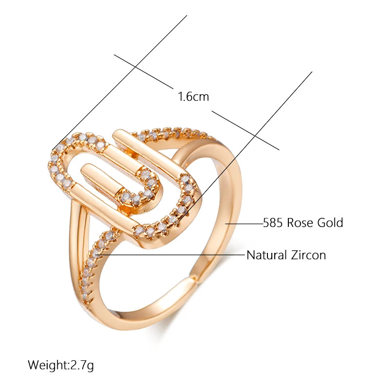 SYOUJYO 585 Gold Color Paper Clip Ring For Women Size Adjustable Natural Zircon Vintage Jewelry Gift