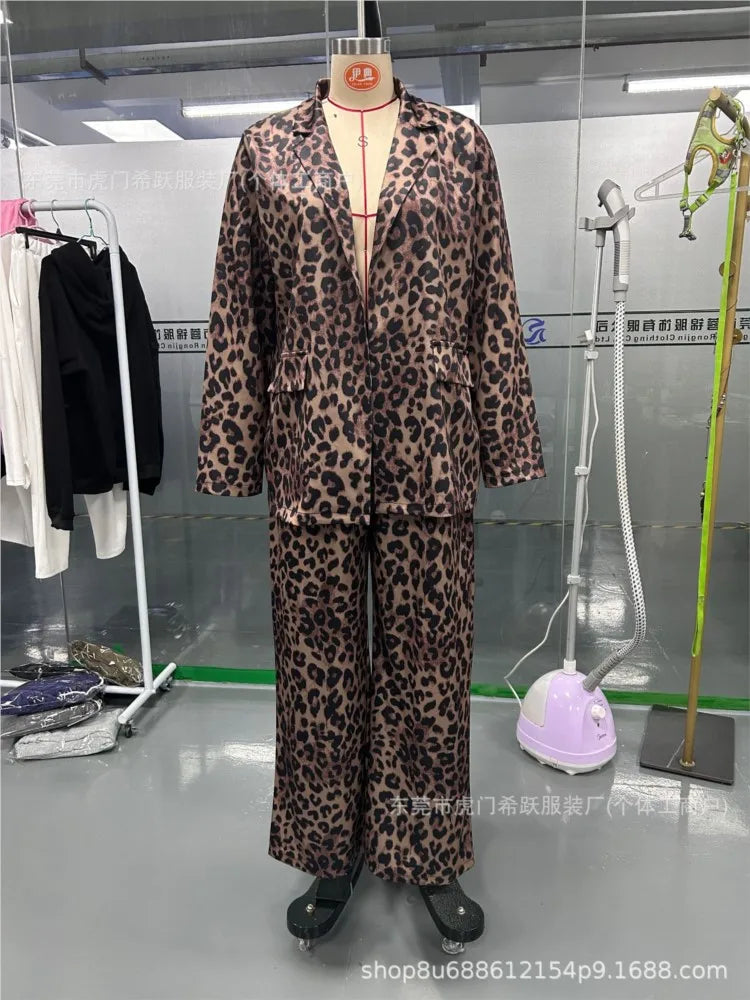 2025 New Leopard Print Two Piece Fashion Long Sleeve Lapel Collar Blazer Tops&Straight Pants Sets Women Slim Autumn Winter Suit