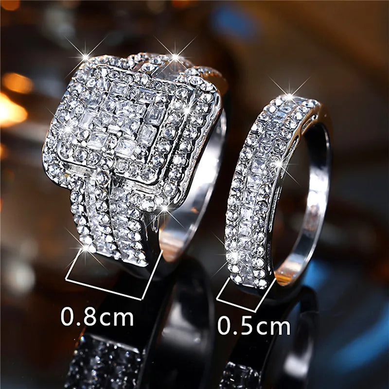 Luxury Female White Zircon Stone Ring Set Trendy Silver Color Engagement Cute Bride Wedding Jewelry Gift For Women