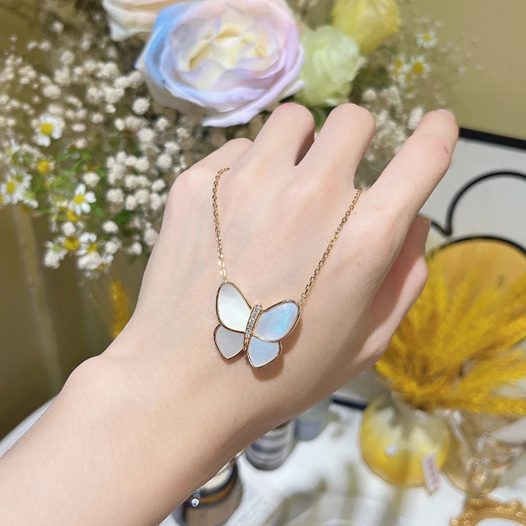 925 Sterling Silver Fashion Brand Ladies Good Quality Bow Necklace Natural Fritillaria Butterfly Beautiful Luxury Women Jewelry