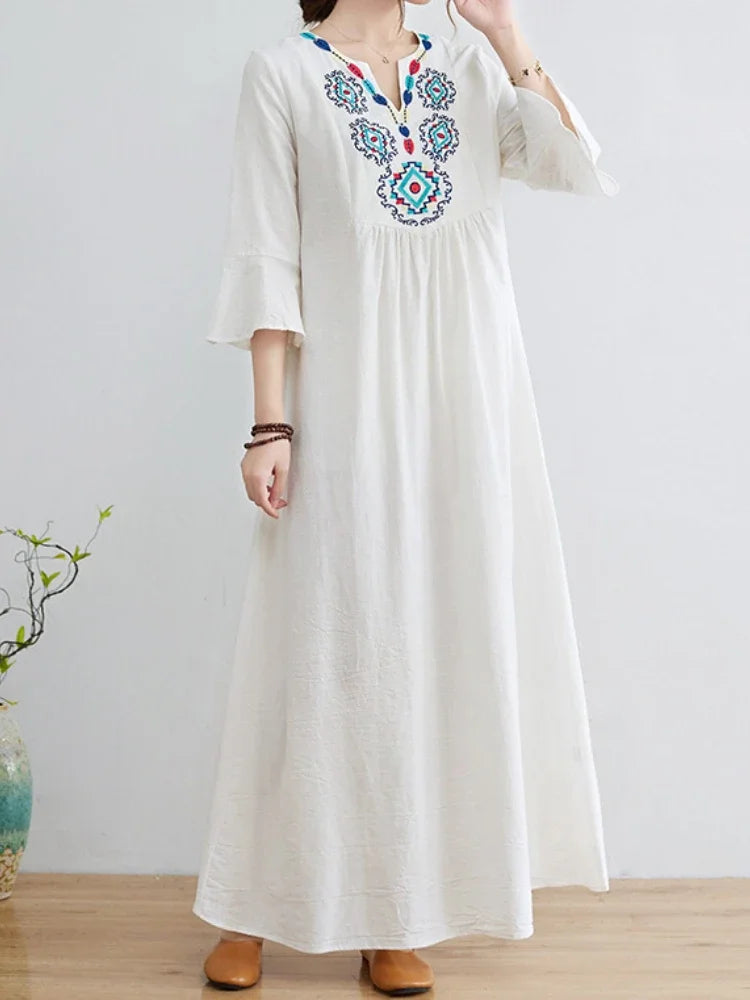 Dress Loose Embroidered Women Frock Cotton Linen V-neck Half Sleeve Long Skirt Female Clothing Spring Summer Vacation Outfits