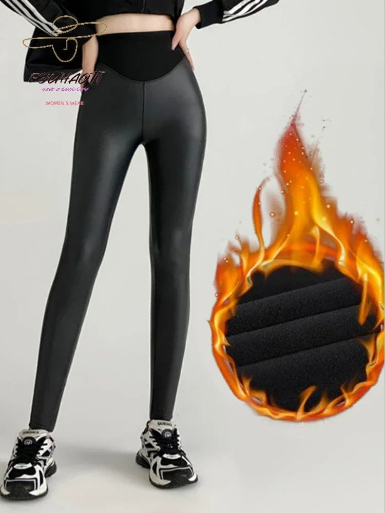 Women's PU Leather Fleece Sexy Leggings Fall New Tight Stretch Pants High Elasticity Waist Splicing Fitness Trouser