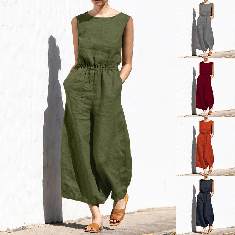 Vintage Casual Boho Jumpsuit Overalls For Women Summer Elegant Sleeveless Pocket Playsuit Fashion Romper Loose Pants Streetwear