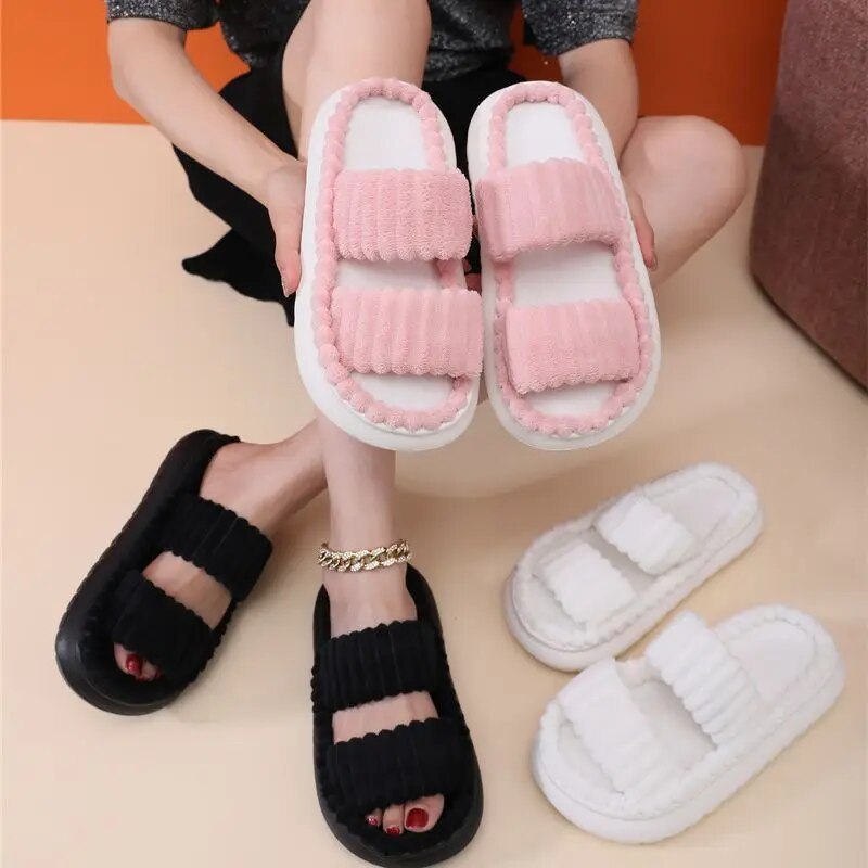 Women Autumn Warm Fur Slippers Couples House Non-Slip Soft Shoes Men Comfort Flat Heel Home Indoor Bedroom Cotton Slippers