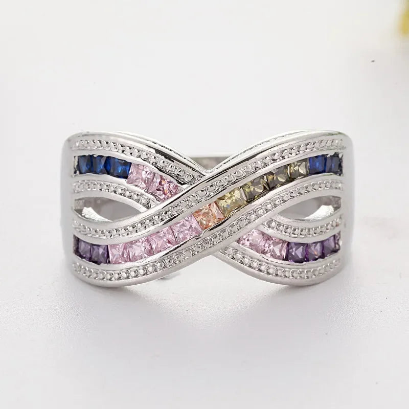 2024 New Fashion Colorful Cubic Zirconia Ring for Women Elegant Bridal Wedding Jewelry Band Cross Geometric Crystal Rings Gifts