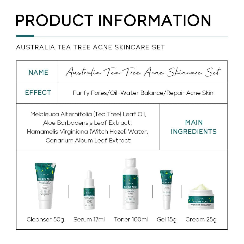 LAIKOU Australia Tea Tree Acne Skincare Five-Piece Set ( Cleanser, Toner, Serum,Gel,Cream), for Oily and Acne-Prone Skin