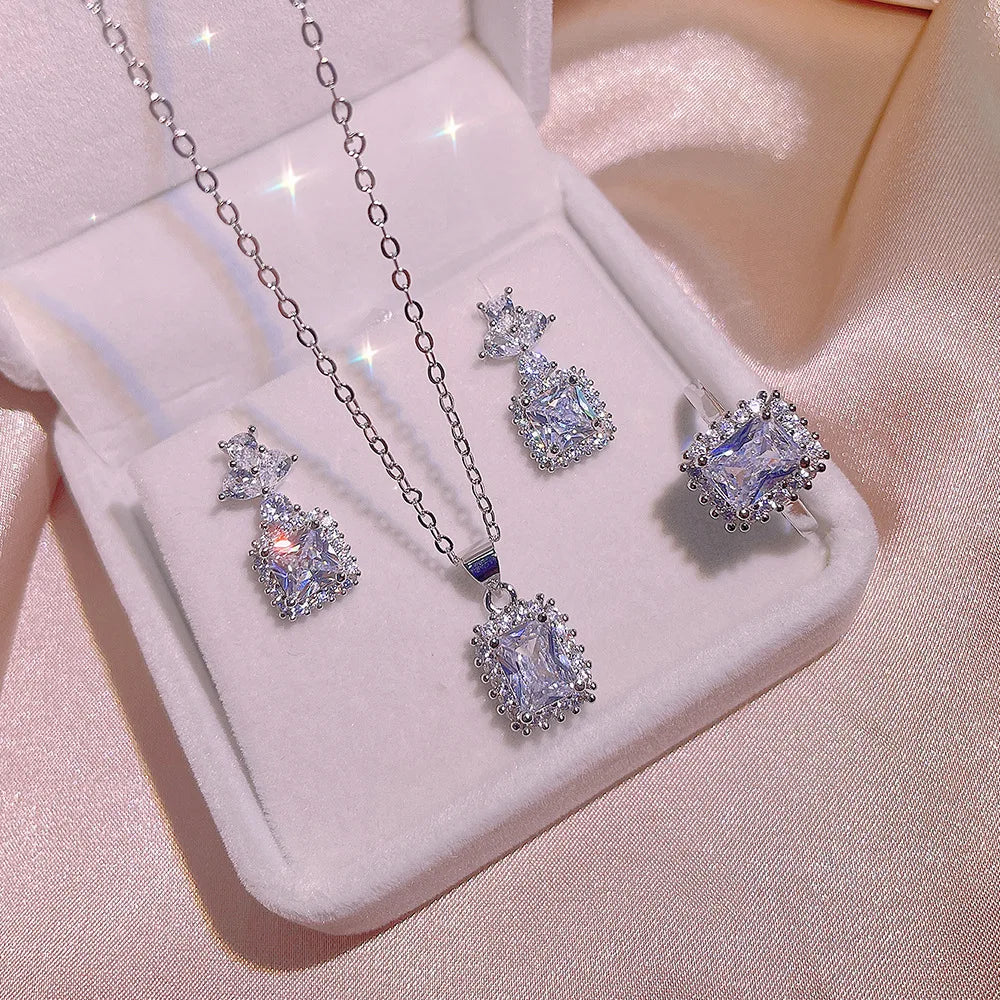 New Princess Cut Diamond Set Exquisite Bright Fashion Micro Set Zircon Earrings Pendant Necklace Party Birthday Jewelry Gift