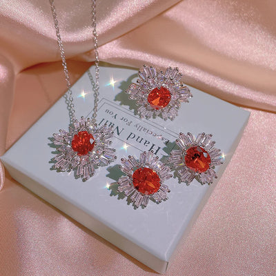 925 Silver Fashion Sparkling Inlaid Garnet Snowflake Clavicle Chain Set Jewelry Three Piece Women's Party Birthday Gift