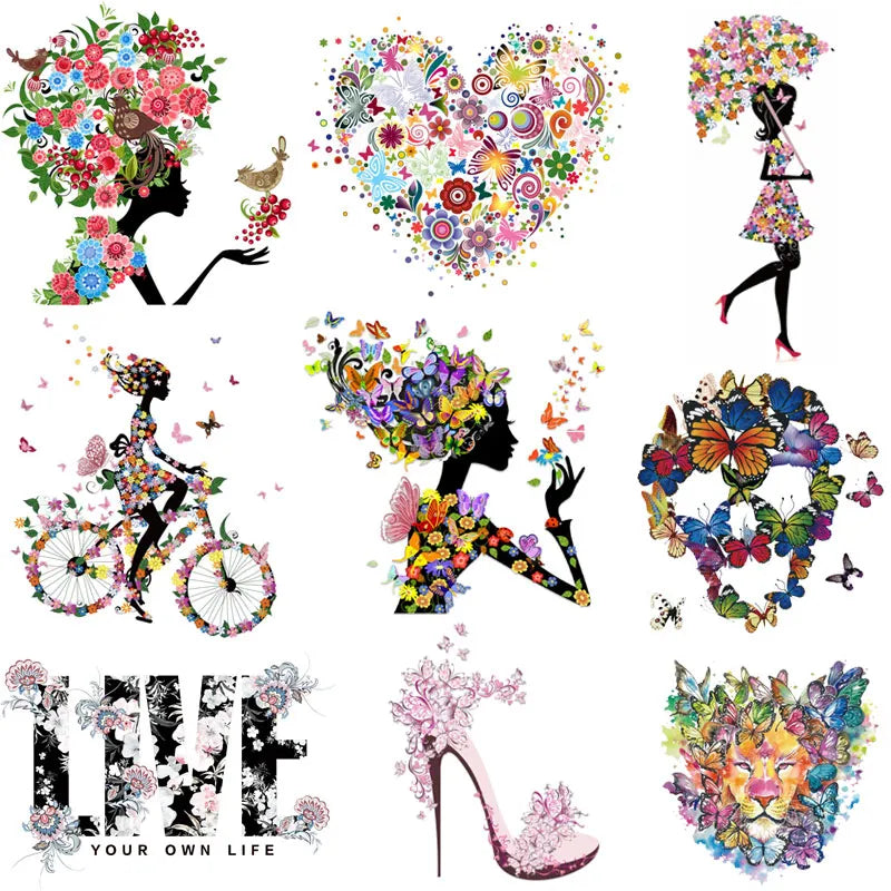 Iron on Butterfly Girl Flower Shoes Heat Transfer for Clothes Beautiful Cartoon Girl Patches Stickers T-shirts Dress Appliques