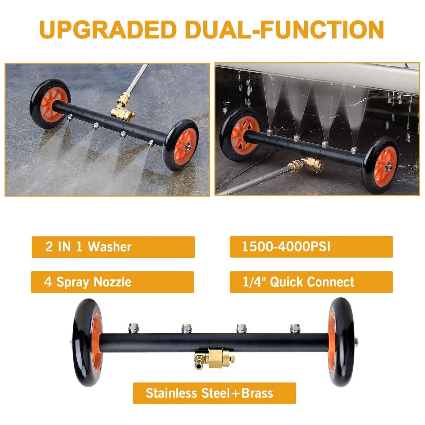 16" Pressure Washer Undercarriage Surface Cleaner Water Broom Under Car Chassis Floor Wash 1/4" Quick Connector Karcher Lavor