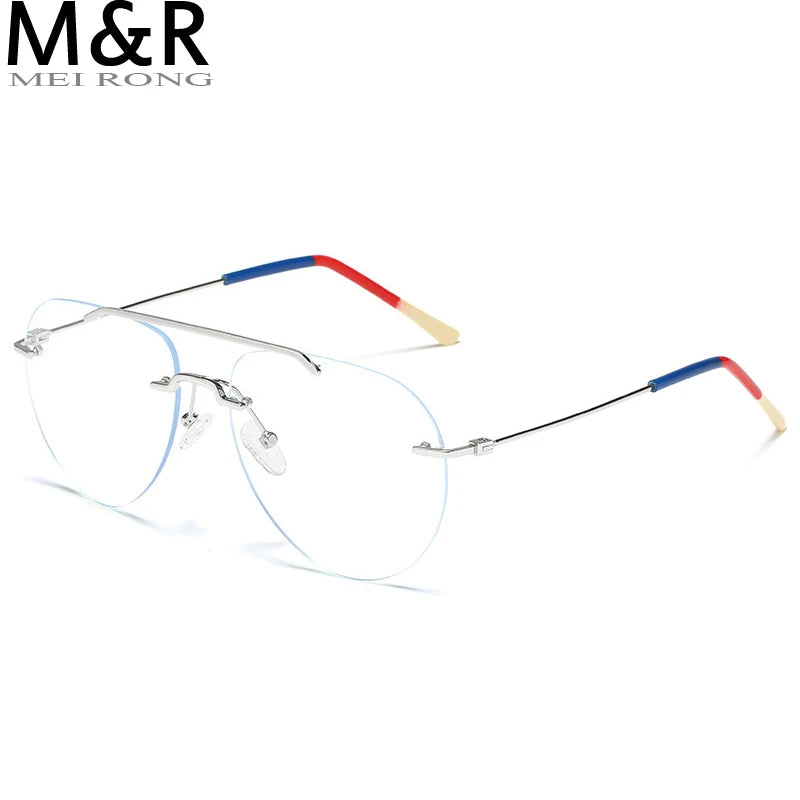 Double Beam Rimless Glasses for Men Women Oversized Anti Blue Light Eyeglasses Flat Mirror Optical Prescription Glasses Frame