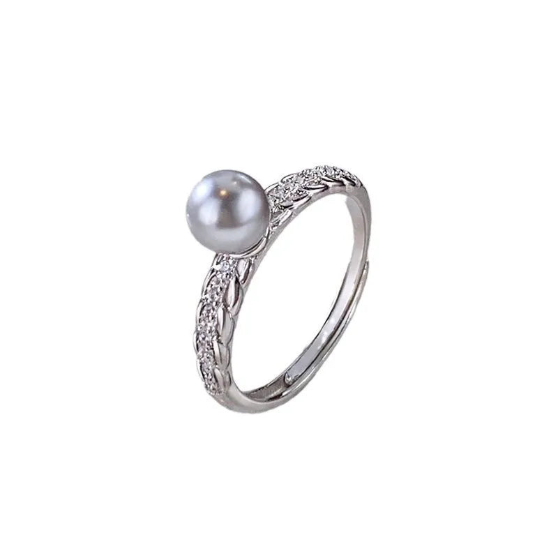 Luxury Wheat Ear Zircon Rings for Women Adjustable Exquisite Shiny Grey White Pearl Finger Ring Wedding Jewelry Gifts