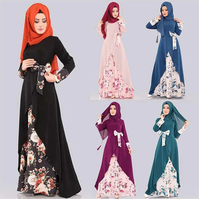 Women Muslim Dress Muslim Fashion Abaya Dubai Flowers Elegant Temperament Print Long Dress Bow Abaya Turkey Saudi Arabia Dresses