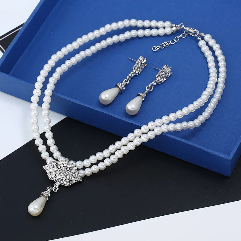 MASA Luxury Bride Pearl Crystal Jewelry Set for Women Korean Temperament Short Collarbone Earring Necklace Set