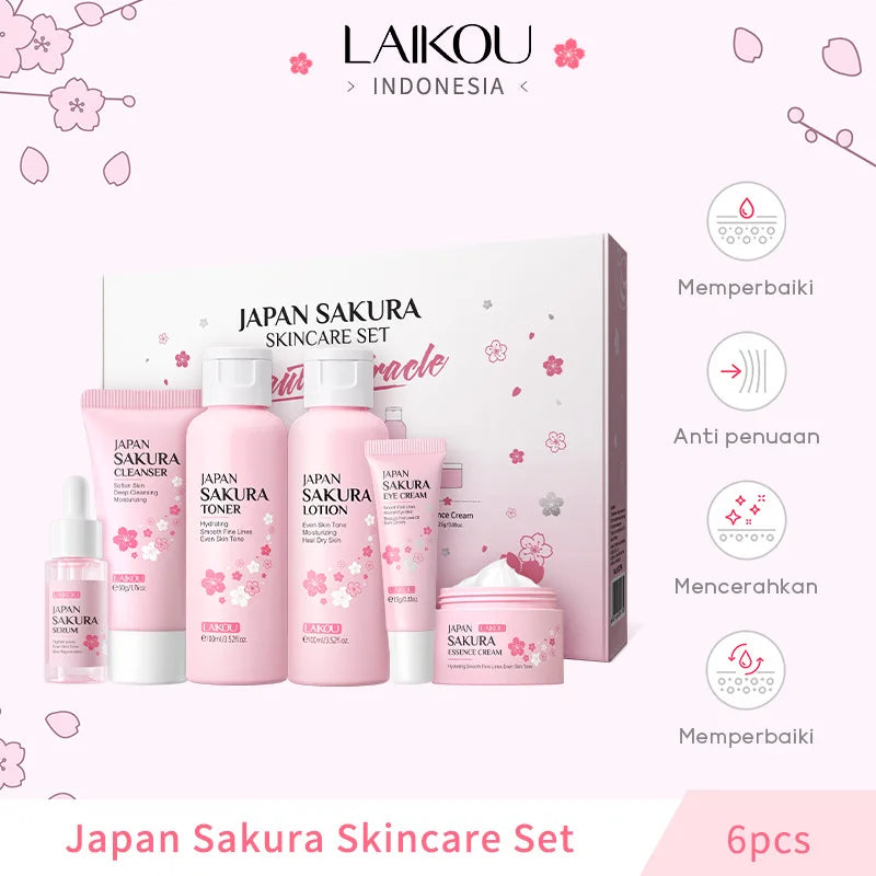 LAIKOU Sakura Skin Care Sets Facial Cleanser Eye Creams Face Cream Serum Lotion Toner Brightening Moisturizing Face Care Kit