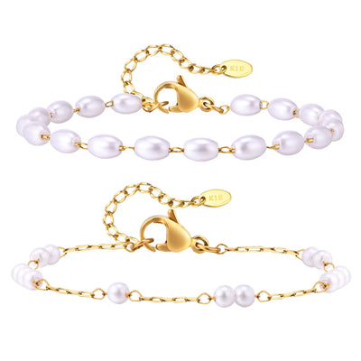 Pearl Bracelet 18k Gold Plated, Stainless Steel Chain Adjustable Friendship Gift for Women