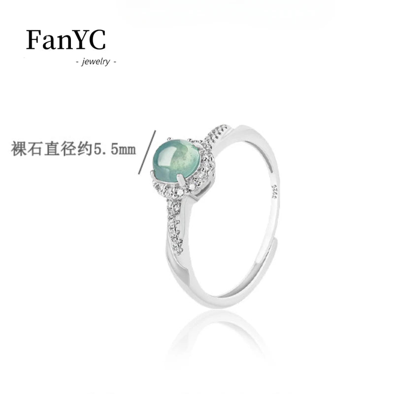 S925 Silver Inlaid Natural Jadeite Blue Water Ring Simple and Exquisite Ice Jade Adjustable Finger Ring Ladies Gift Souvenirs