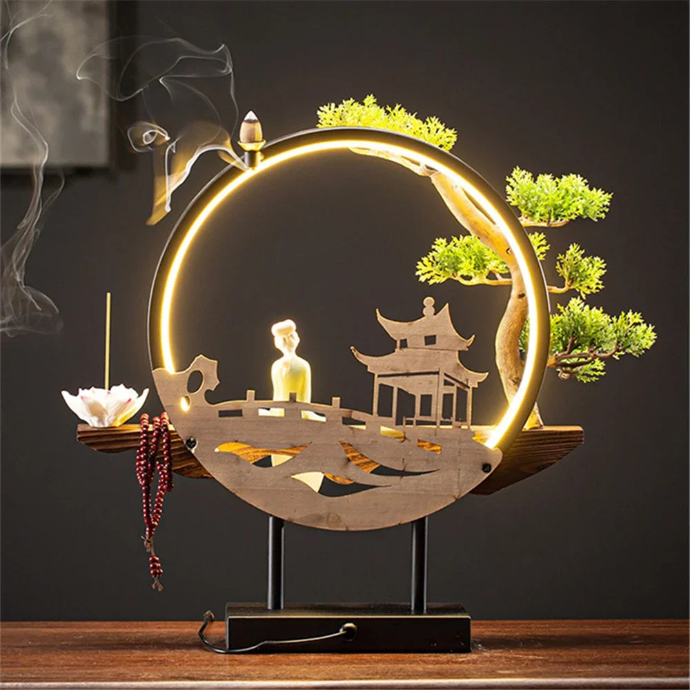 Wooden Backflow Incense Burner with Led Light USB Circle Ceramic Lotus Buddha Beads Home Office Decoration Furnishing