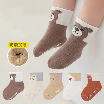 5 Pairs/lot 0-3Y Newborn Baby Socks Autumn Winter Plush Thick Non Slip Kids Floor Socks Cartoon Middle Tube Children's Socks