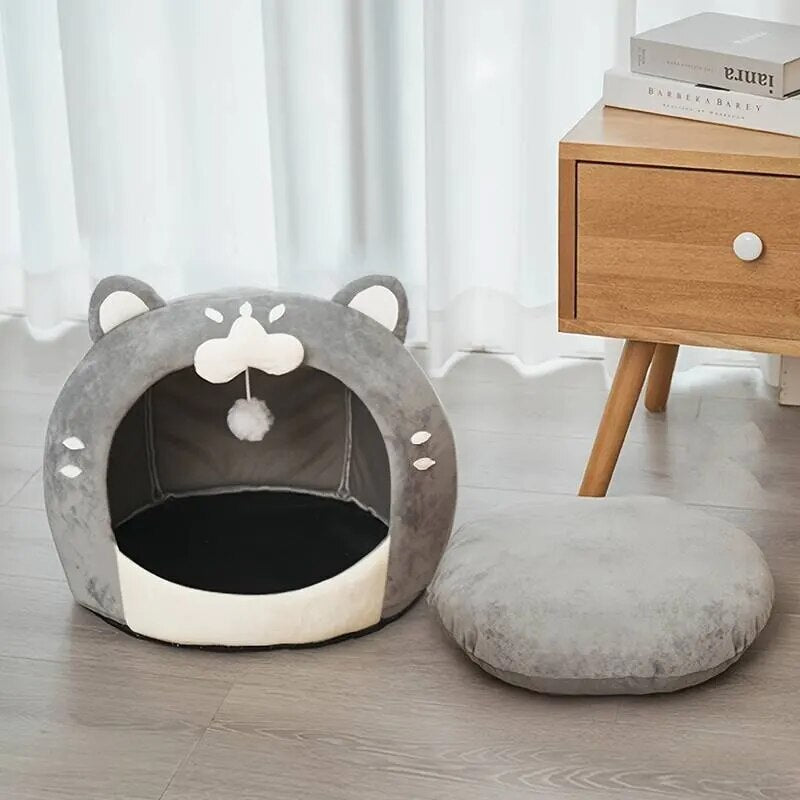 Autumn Winter Warm PP Cotton Cat Bed Cute Cozy Cat-Shaped Soft Pet Bed House with Cushion for Small Dogs Cats Pet Supplies