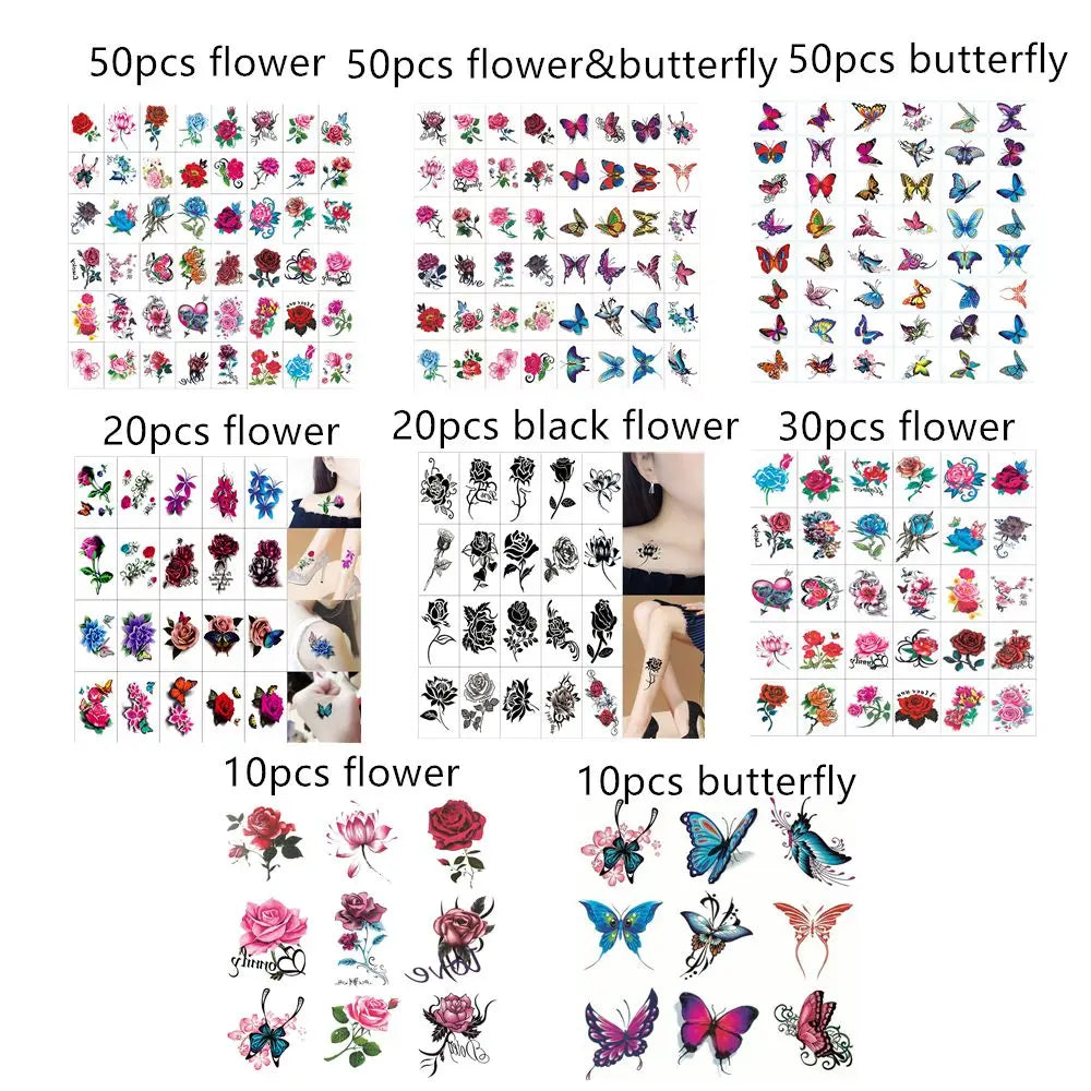 10/20/30/50Pcs Waterproof Temporary Tattoo Sticker Removable Body Art Sticker Butterfly Flower Women Men Fashion Tattoo Stickers