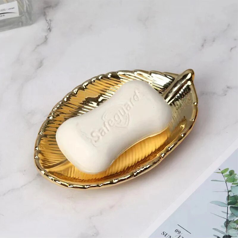 Golden/Silver Lealves Shape Soap Dish Holder Nordic Ceramics Soap Holder Kitchen Storage Container Home Bathroom Accessories New