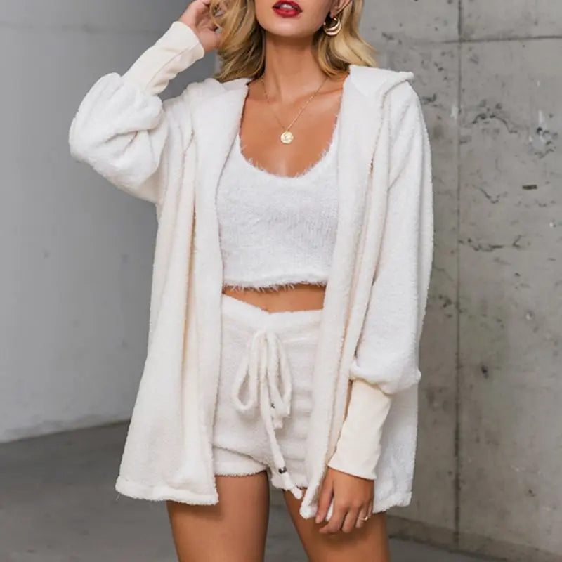 Women's Comfortable Knit Pajama Set Crop-top with V-neck Winter Plush Loungewear Casual 3-Piece Set Long Sleeve Shorts Sports