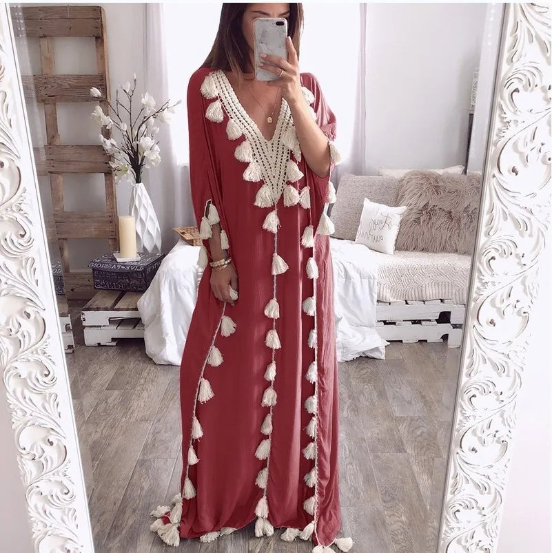 Abaya Women Middle East V-neck Smock Tassel Splicing Ceremonial Dress Spring Summer Fashion Traditional Festival Female Clothing