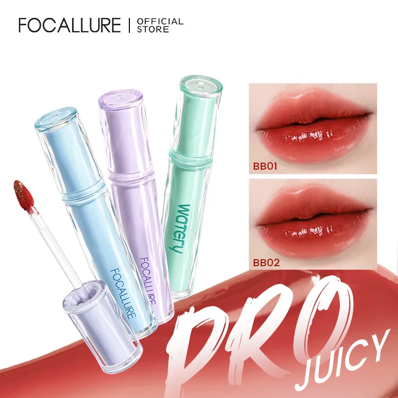 FOCALLURE Jelly Watery Lip Gloss High Pigment Long Wear Liquid Lipstick Lightweight Non-sticky Moisturizing Lip Tint Cosmetics