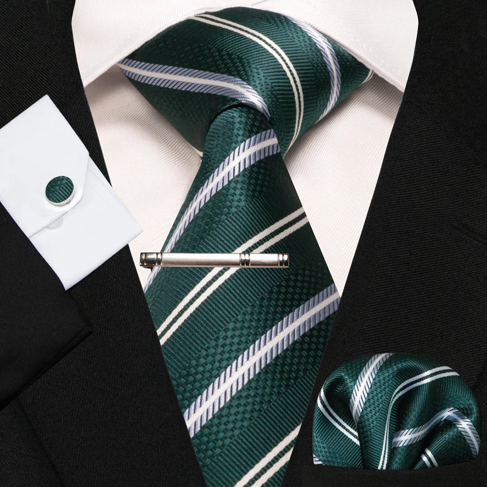 JEMYGINS Men Green Ties Striped Tie Paisley Silk Wedding Tie For Men Necktie Hanky Cufflink Set Party Business Fashion Designer