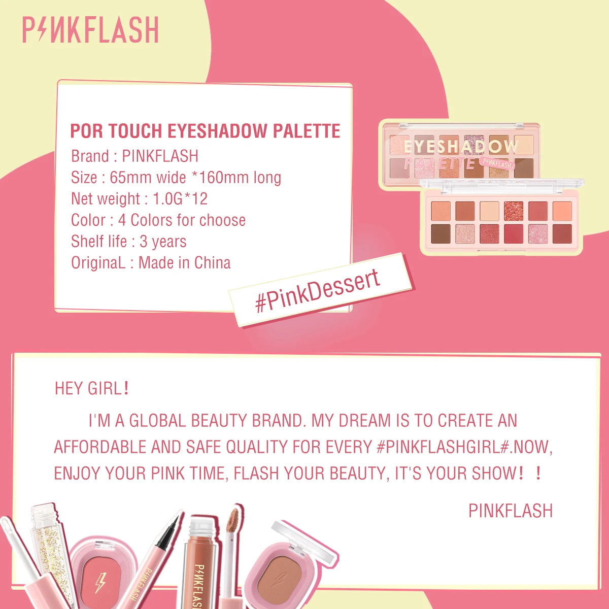 PINKFLASH 12 Color Glitter Eyeshadow Palette PinkDessert Waterproof High Pigment Long-lasting Eye Shadow Powder Makeup Cosmetics